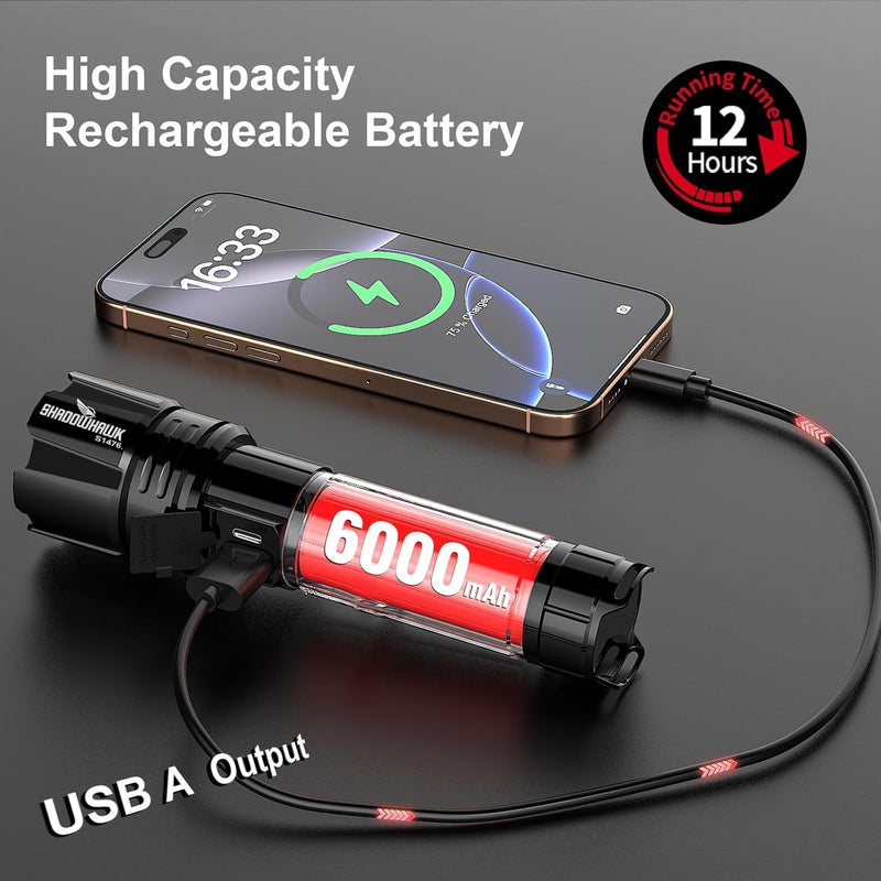 Shadowhawk Flashlight 20000 High Lumens Rechargeable - 30W Super Bright LED Flash Light | 5000ft Beam & 12H Long Lasting USB C High Powered Handheld Police Flashlight for Home, Camping, Hiking, Emergency - Image 4